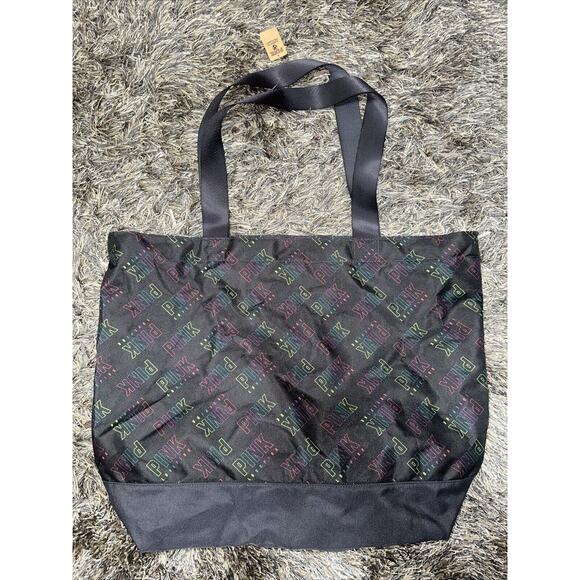 NWT PINK Victoria Secret Black Multi Color Logo Zipper Closure Large Tote NEW - Picture 6 of 7